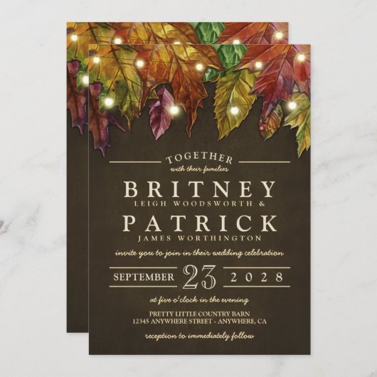 Rustieke Herfst herfstbladeren bruiloft uitnodigin Kaart (Voorkant / Achterkant)
