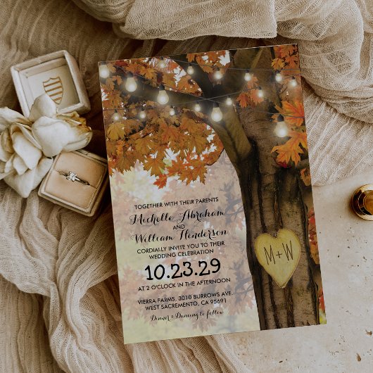 Rustieke herfst herfstboom twinkellichten bruiloft kaart