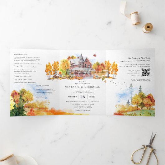 Rustieke herfst Homestead bruiloft Drieluik Uitnodiging (Binnen)