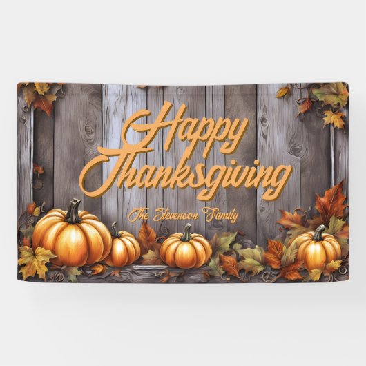 Rustieke Herfst Hout & Pompoenen Happy Thanksgivin Spandoek (Horizontaal)