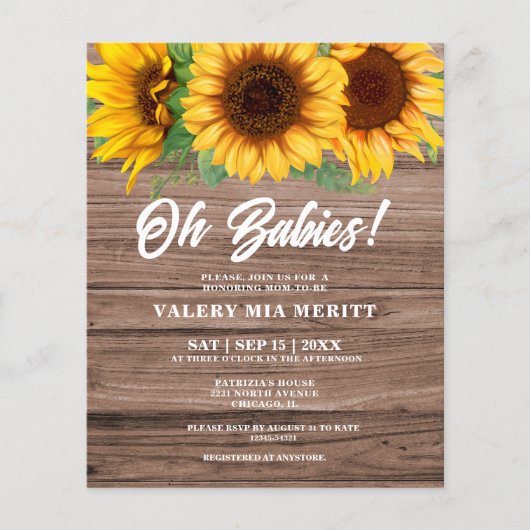 Rustieke Herfst Houten Zonnebloem Oh Baby's Shower (Voorkant)