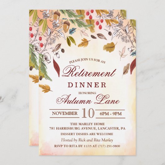 rustieke herfst laat pensioen diner uitnodiging (Voorkant / Achterkant)