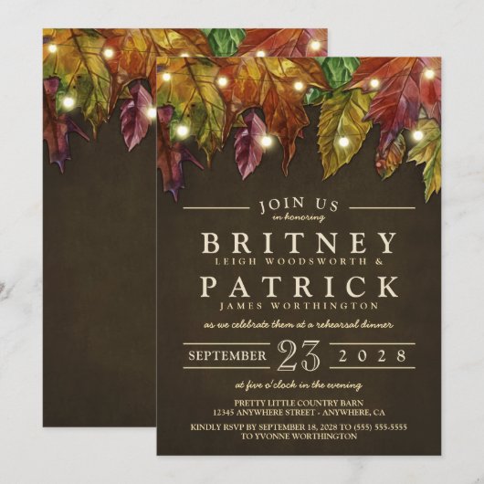 Rustieke herfst laat repetitie diner uitnodigingen (Voorkant / Achterkant)