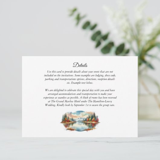 Rustieke herfst Lakeside Forest Wedding Informatiekaartje (Staand voorkant)
