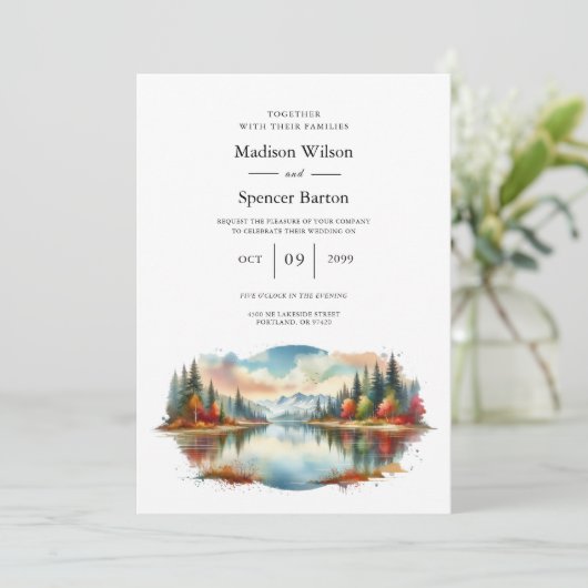 Rustieke herfst Lakeside Forest Wedding Kaart (Staand voorkant)