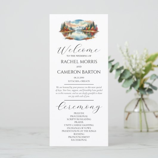 Rustieke herfst Lakeside Forest Wedding Program (Staand voorkant)
