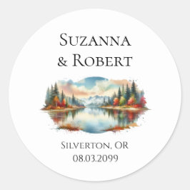 Rustieke herfst Lakeside Forest Wedding Ronde Sticker