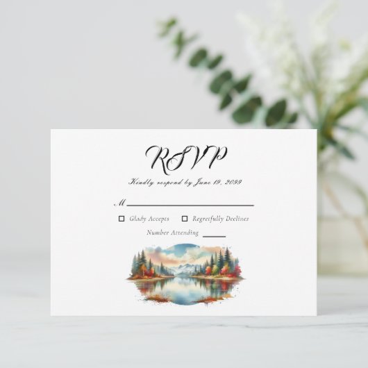 Rustieke herfst Lakeside Forest Wedding RSVP Kaartje (Staand voorkant)