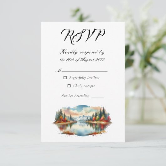 Rustieke herfst Lakeside Forest Wedding RSVP Kaartje (Staand voorkant)