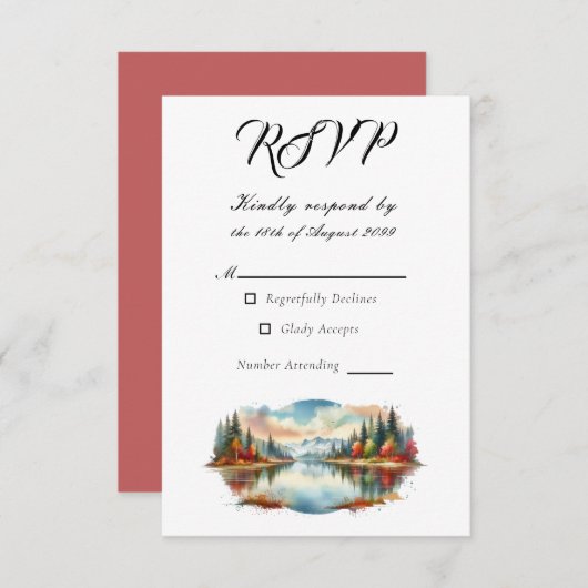 Rustieke herfst Lakeside Forest Wedding RSVP Kaartje (Voorkant / Achterkant)