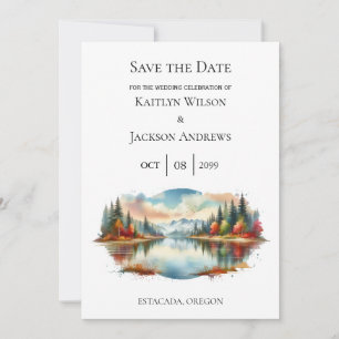 Rustieke herfst Lakeside Forest Wedding Save The Date