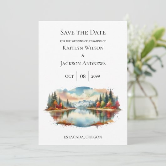 Rustieke herfst Lakeside Forest Wedding Save The Date (Staand voorkant)