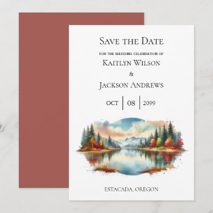 Rustieke herfst Lakeside Forest Wedding Save The Date