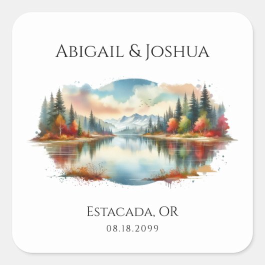 Rustieke herfst Lakeside Forest Wedding Vierkante Sticker (Voorkant)