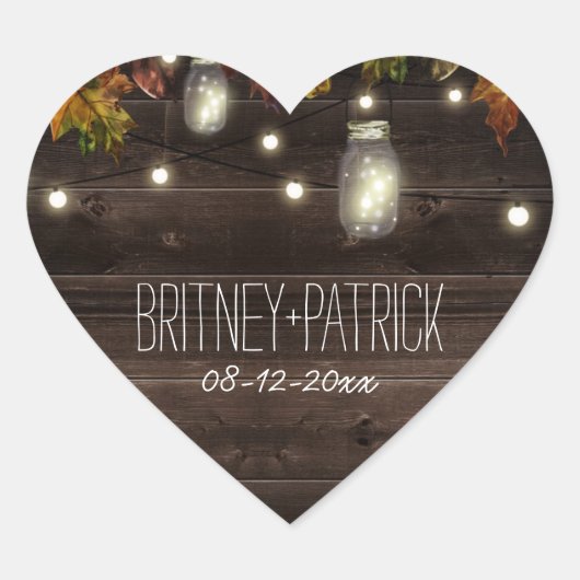 Rustieke Herfst Leaf Firefly Mason Jar Bruiloft gu Hart Sticker (Voorkant)