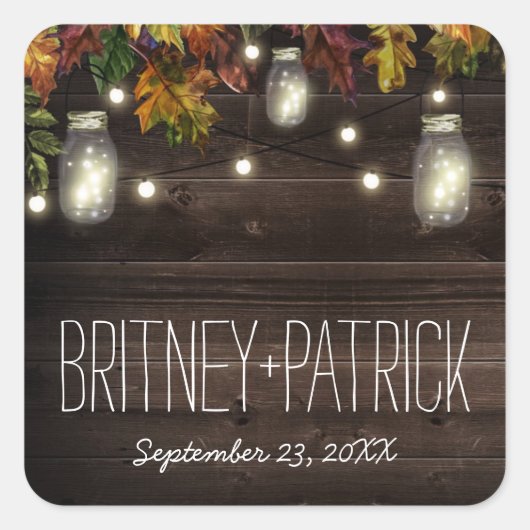 Rustieke Herfst Leaf Firefly Mason Jar Bruiloft gu Vierkante Sticker (Voorkant)
