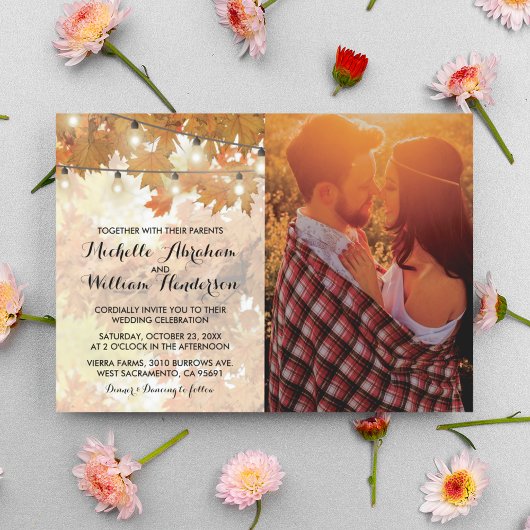 Rustieke herfst lichtsnoer met bomen foto bruiloft kaart