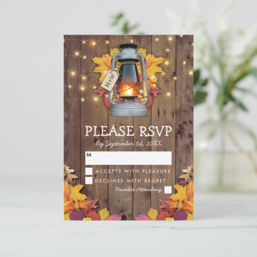 Rustieke Herfst Lights Herfstbladeren Bruiloft RSV RSVP Kaartje (Staand voorkant)