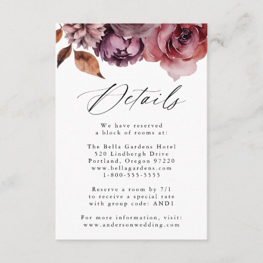 Rustieke herfst Marsala Bloemen bruiloft Details Informatiekaartje (Voorkant)