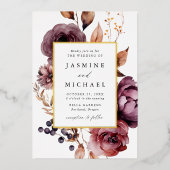 Rustieke herfst Marsala Bloemen Foto Bruiloft Folie Uitnodiging (Voorkant)