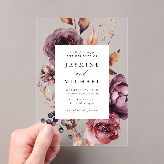 Rustieke herfst Marsala Bloemen Lijst Bruiloft Acryl Uitnodigingen (Insitu (Draagbaar))