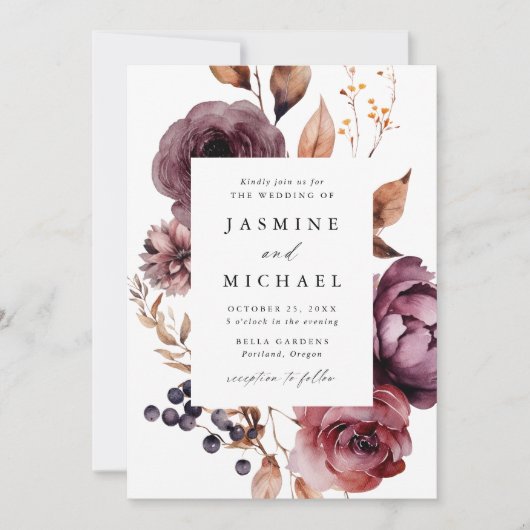 Rustieke herfst Marsala Bloemen Lijst Bruiloft Kaart (Voorkant)