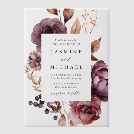 Rustieke herfst Marsala Bloemen Lijst Bruiloft Vellum Uitnodigingen (Voorkant)