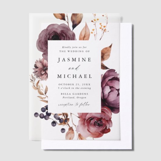 Rustieke herfst Marsala Bloemen Lijst Bruiloft Vellum Uitnodigingen (Offset)