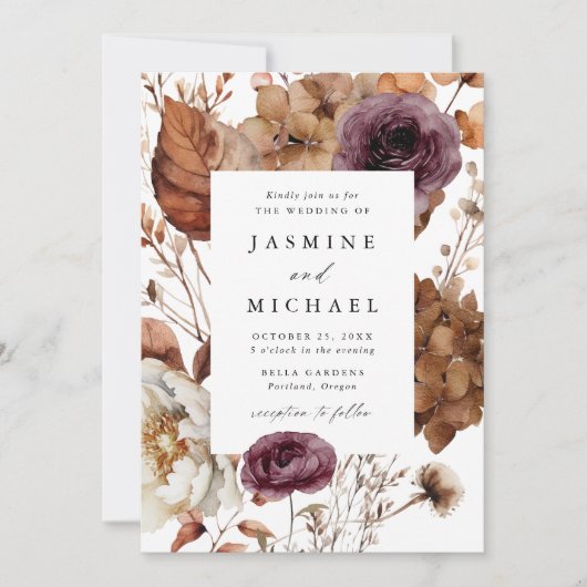 Rustieke herfst Marsala Bloemen Lijst Foto Bruilof Kaart (Voorkant)