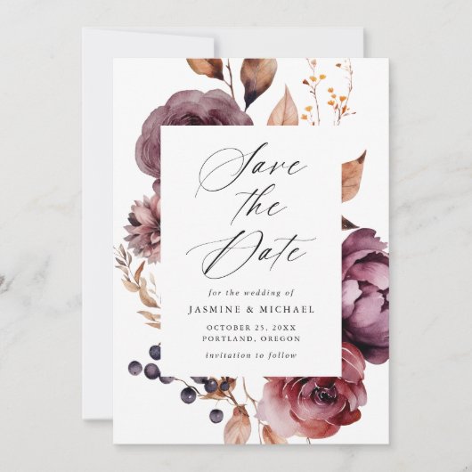 Rustieke herfst Marsala Bloemen Lijst Foto Bruilof Save The Date (Voorkant)