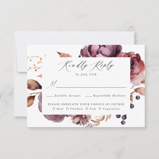 Rustieke herfst Marsala Bloemen Maaltijd Keuze Bru RSVP Kaartje (Voorkant)
