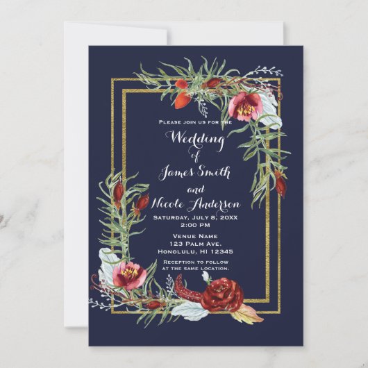 Rustieke Herfst Marsala Bloemen Navy Blauw Goud Br Kaart (Voorkant)