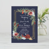 Rustieke Herfst Marsala Bloemen Navy Blauw Goud Br Kaart (Staand voorkant)