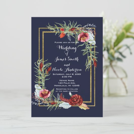 Rustieke Herfst Marsala Bloemen Navy Blauw Goud Br Kaart (Staand voorkant)