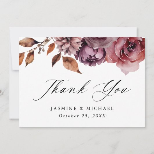 Rustieke herfst Marsala Bloemenbruiloft Bedankkaart (Voorkant)
