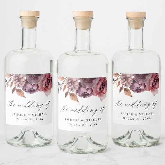 Rustieke herfst Marsala Bloemenbruiloft Likeurfles Etiket (Flessen)