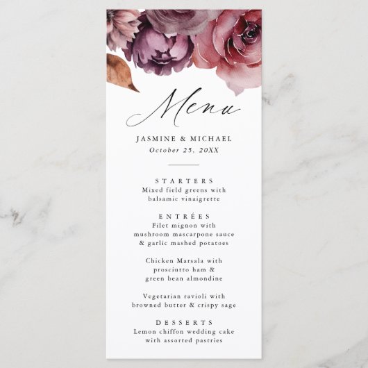 Rustieke herfst Marsala Bloemenbruiloft Menu (Voorkant)