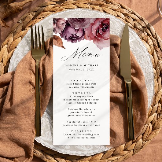 Rustieke herfst Marsala Bloemenbruiloft Menu
