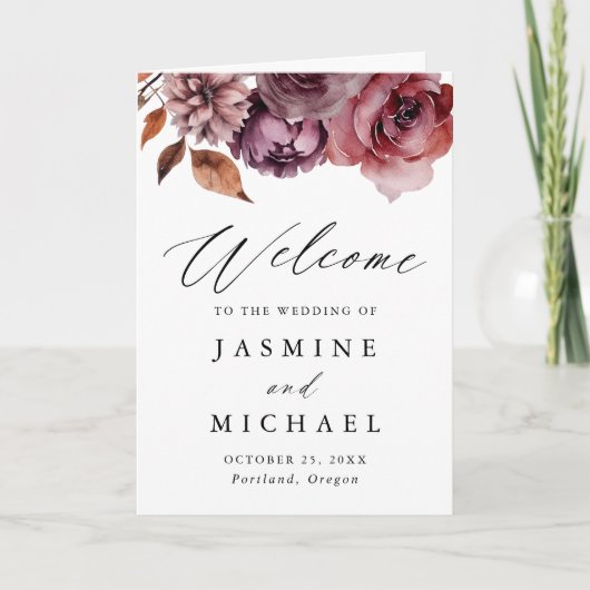 Rustieke herfst Marsala Bloemenbruiloft Programma (Voorkant)