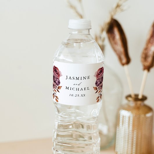 Rustieke herfst Marsala Bloemenbruiloft Waterfles Etiket