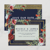 Rustieke herfst Marsala bloemnavyblauw 'Save the D Save The Date (Voorkant / Achterkant)