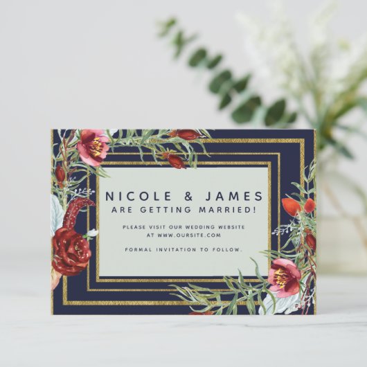 Rustieke herfst Marsala bloemnavyblauw Save the Da Save The Date (Staand voorkant)