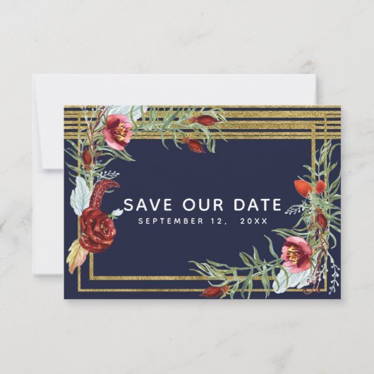 Rustieke herfst Marsala bloemnavyblauw Save the Da Save The Date (Achterkant)