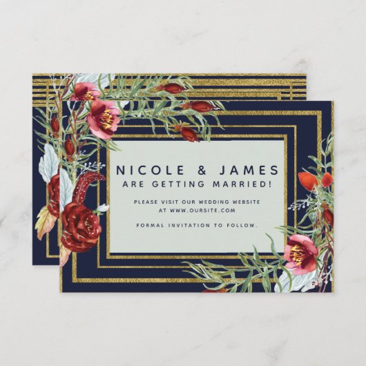 Rustieke herfst Marsala bloemnavyblauw Save the Da Save The Date (Voorkant / Achterkant)