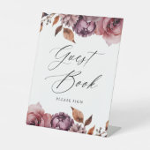 Rustieke herfst Marsala Floral bruiloft gastenboek Reclamebord Met Voetstuk (Voorkant)
