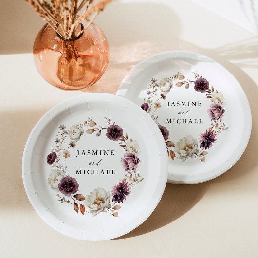 Rustieke herfst Marsala Floral krans bruiloft Papieren Bordje