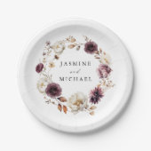 Rustieke herfst Marsala Floral krans bruiloft Papieren Bordje (Voorkant)