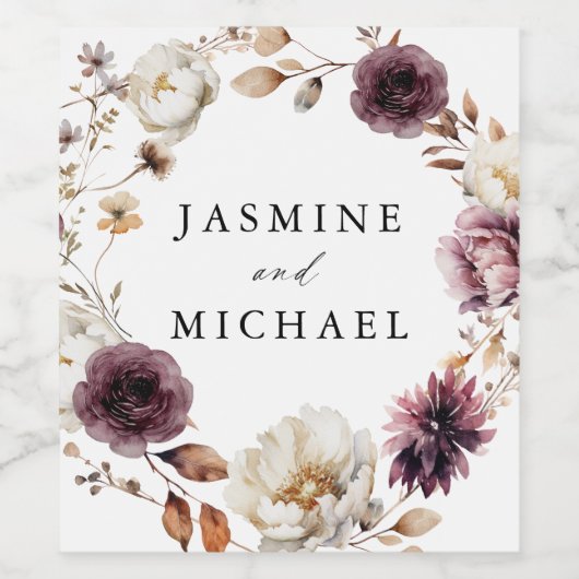 Rustieke herfst Marsala Floral krans bruiloft Wijn Etiket (Enkel label)