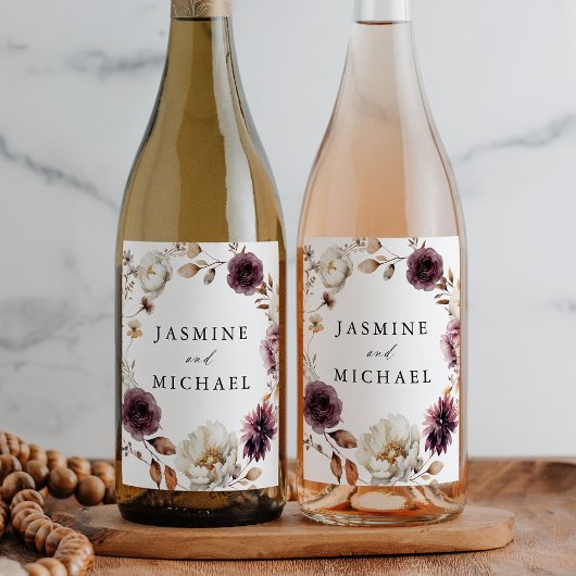 Rustieke herfst Marsala Floral krans bruiloft Wijn Etiket