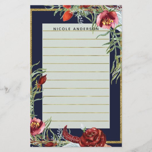 Rustieke Herfst Marsala Floral Navy Blue Modern Cu Briefpapier (Voorkant)
